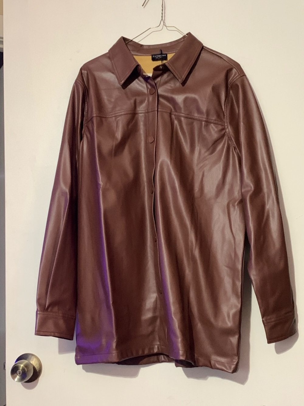 Brown Faux-Leather Button-Up Shirt Jacket